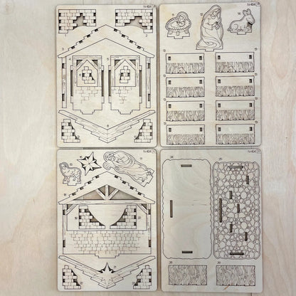 Set of wooden nativity scene pieces on a light wood background