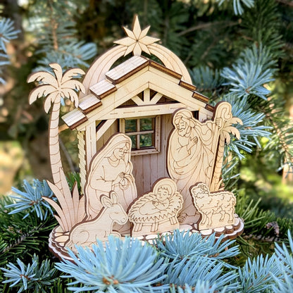Wooden nativity scene ornament on a Christmas tree