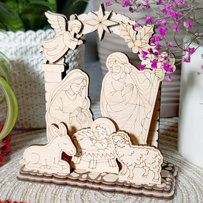 Wooden nativity scene with Mary, Joseph, baby Jesus, donkey, and sheep on a textured surface with flowers in the background.