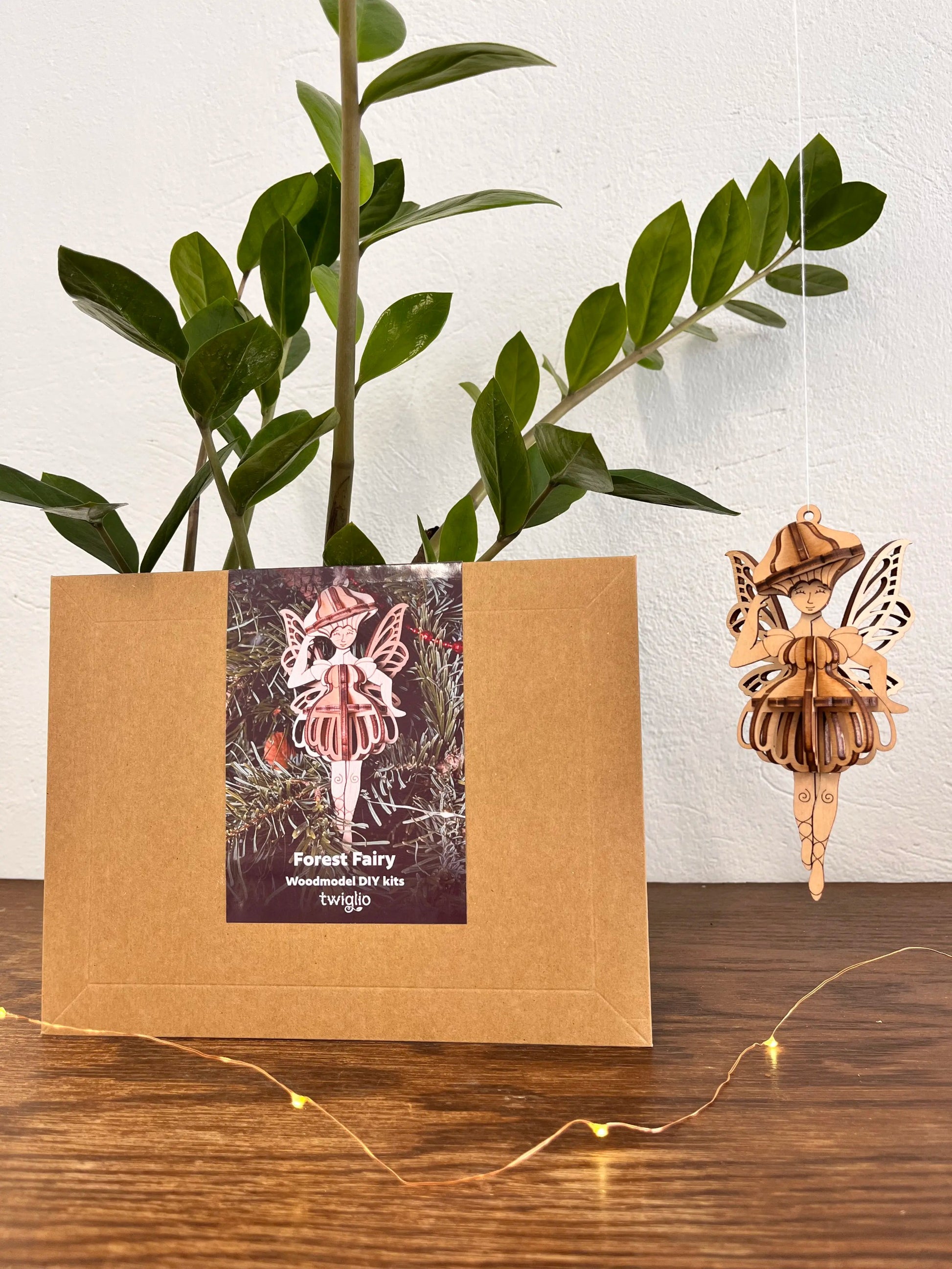 Cardboard box with a forest fairy design, plant, and decorative item on a wooden surface.