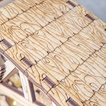 Wooden puzzle with interlocking pieces on a blurred background