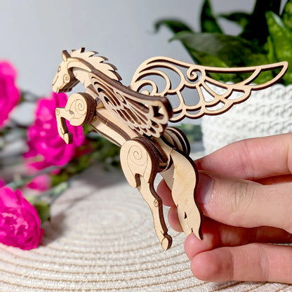 Detailed wooden Pegasus sculpture model for fantasy lovers, designed with layered laser-cut plywood pieces.