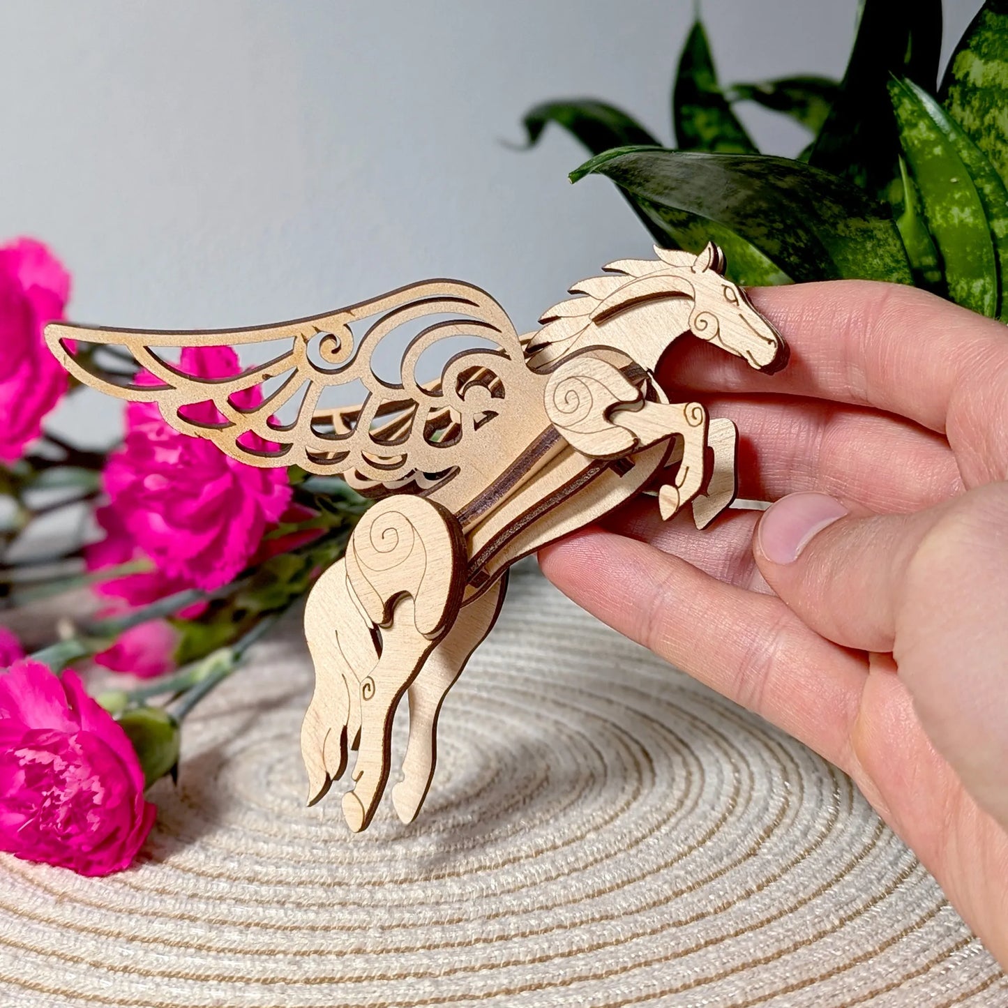 Mythical winged horse DIY wooden model kit with ornate craftsmanship and fantasy-inspired decorative elements.