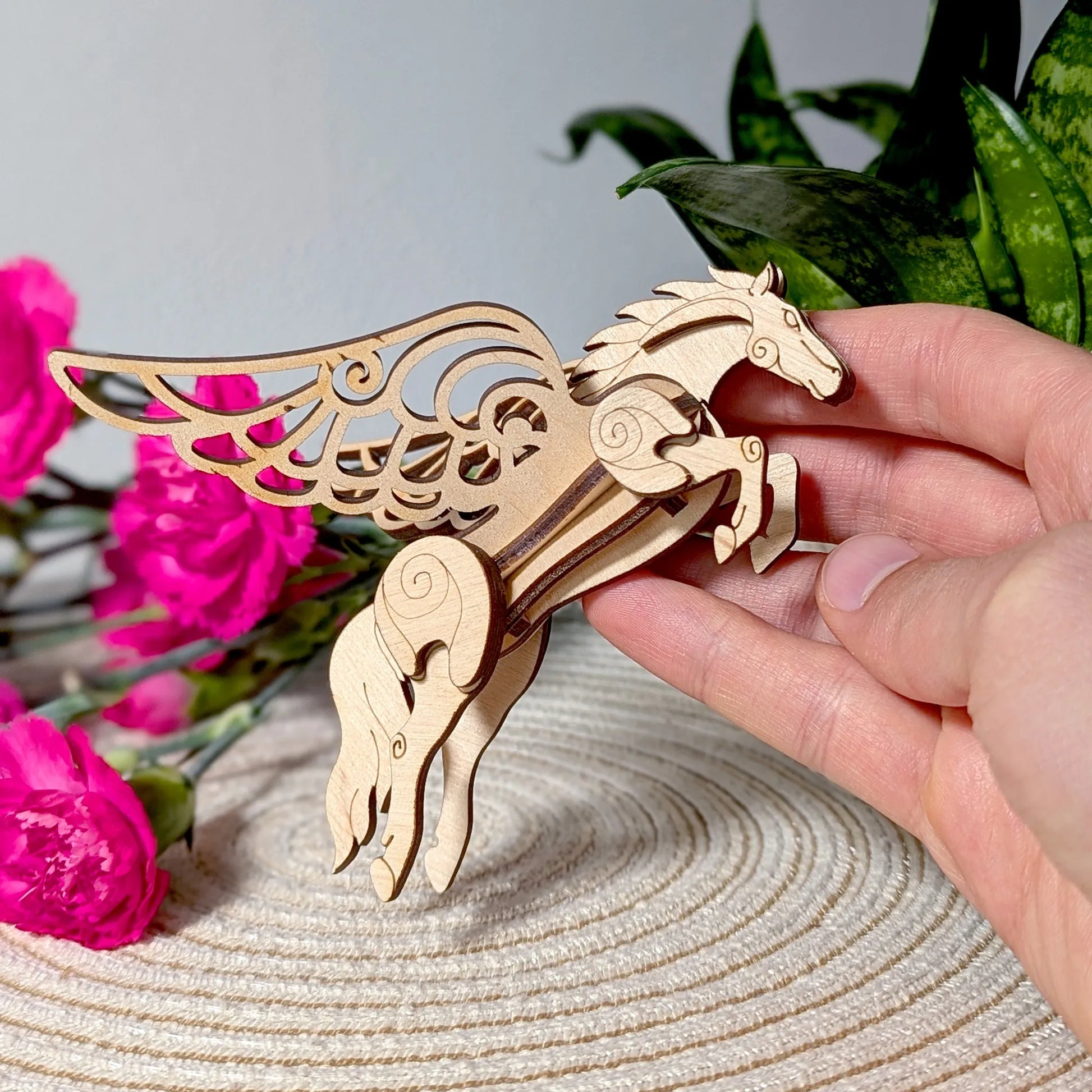 Mythical winged horse DIY wooden model kit with ornate craftsmanship and fantasy-inspired decorative elements.