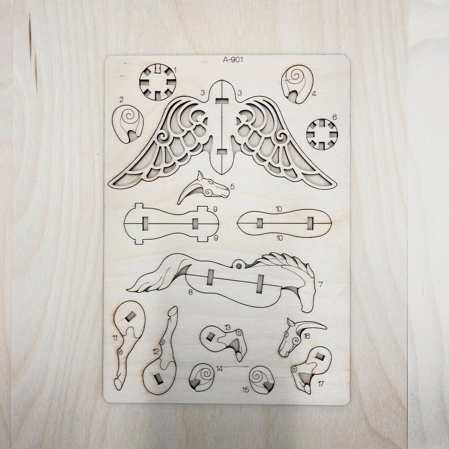 DIY wooden Pegasus model kit details