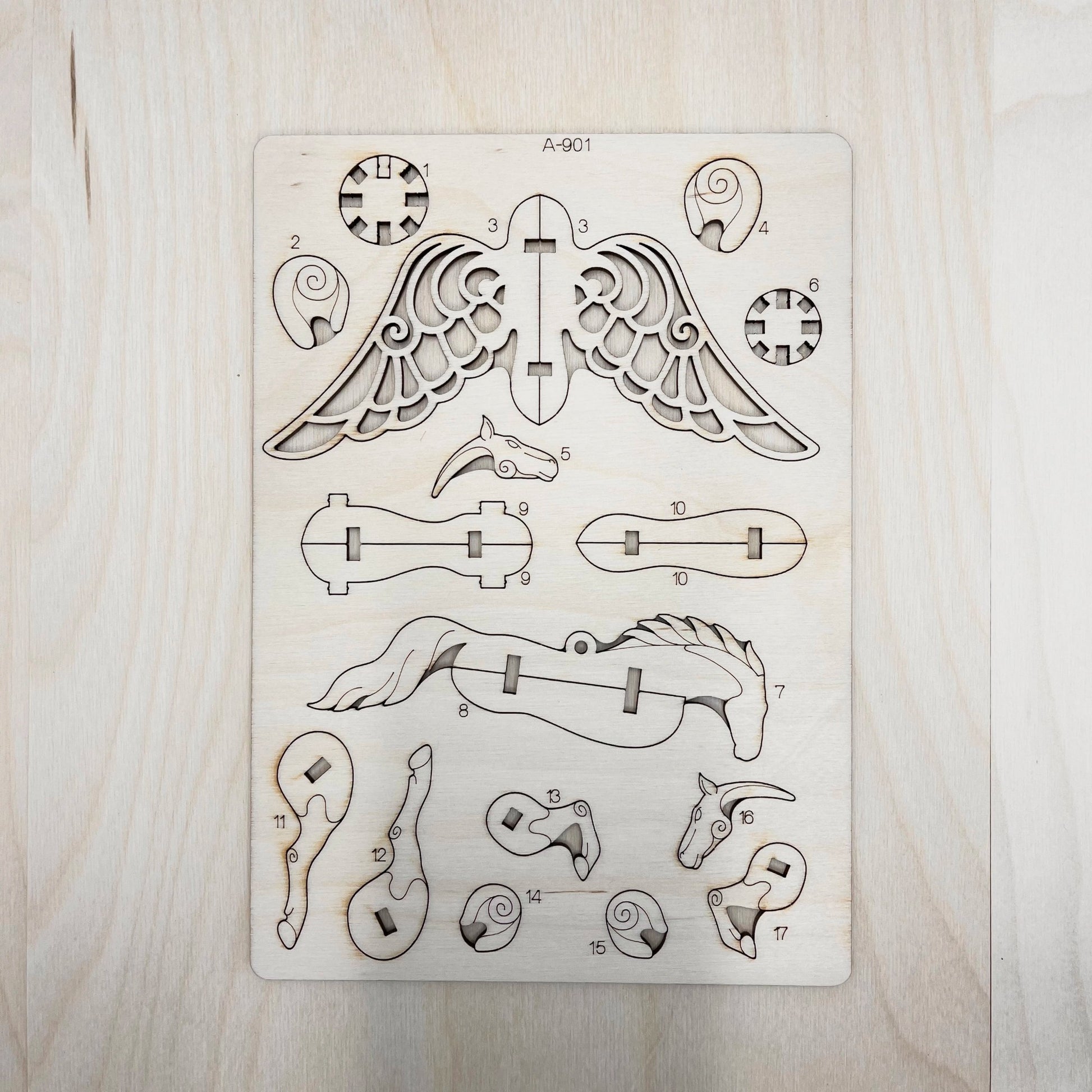 DIY wooden Pegasus model kit details