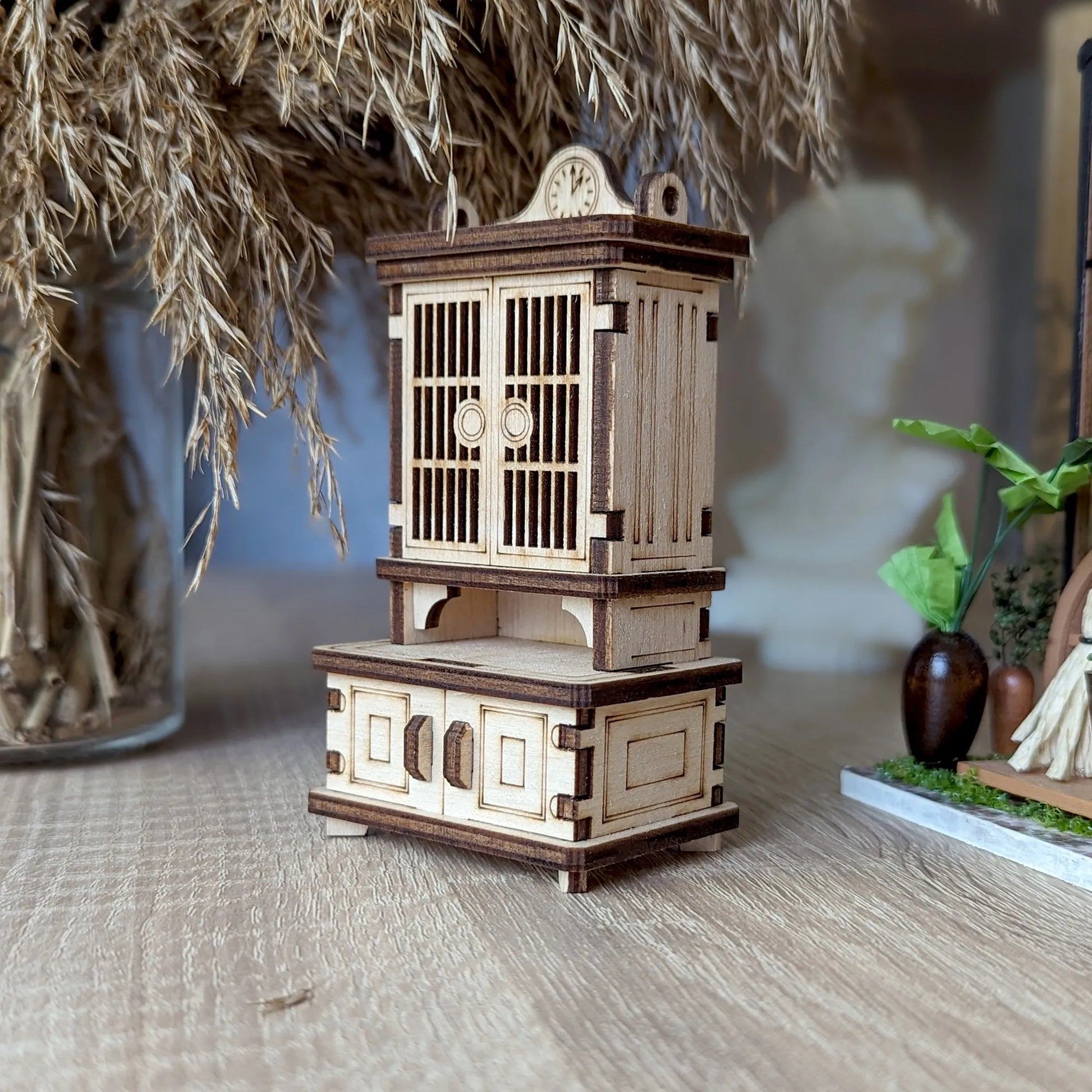 DIY wooden doll furniture sideboard crafted from laser-cut plywood with elegant vintage-inspired details.