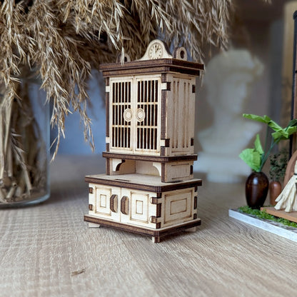 DIY wooden doll furniture sideboard crafted from laser-cut plywood with elegant vintage-inspired details.