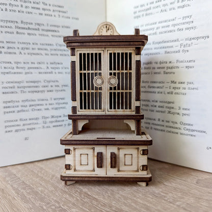 Handmade plywood sideboard furniture model designed for miniature home décor and dollhouse displays.