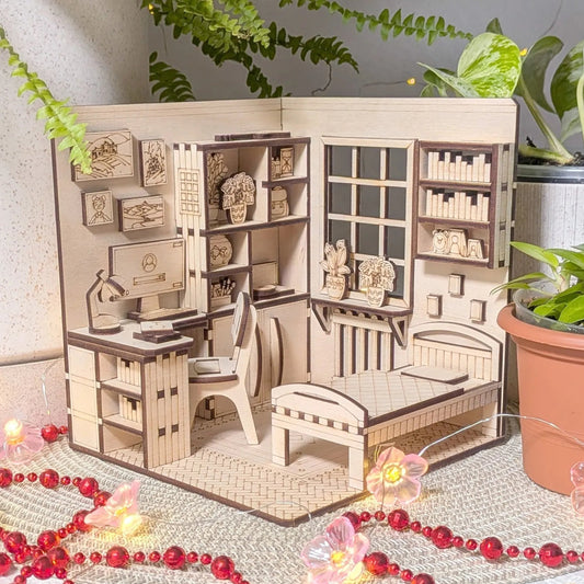 Wooden dollhouse kit with furniture pieces on a surface with plants and decorative items.
