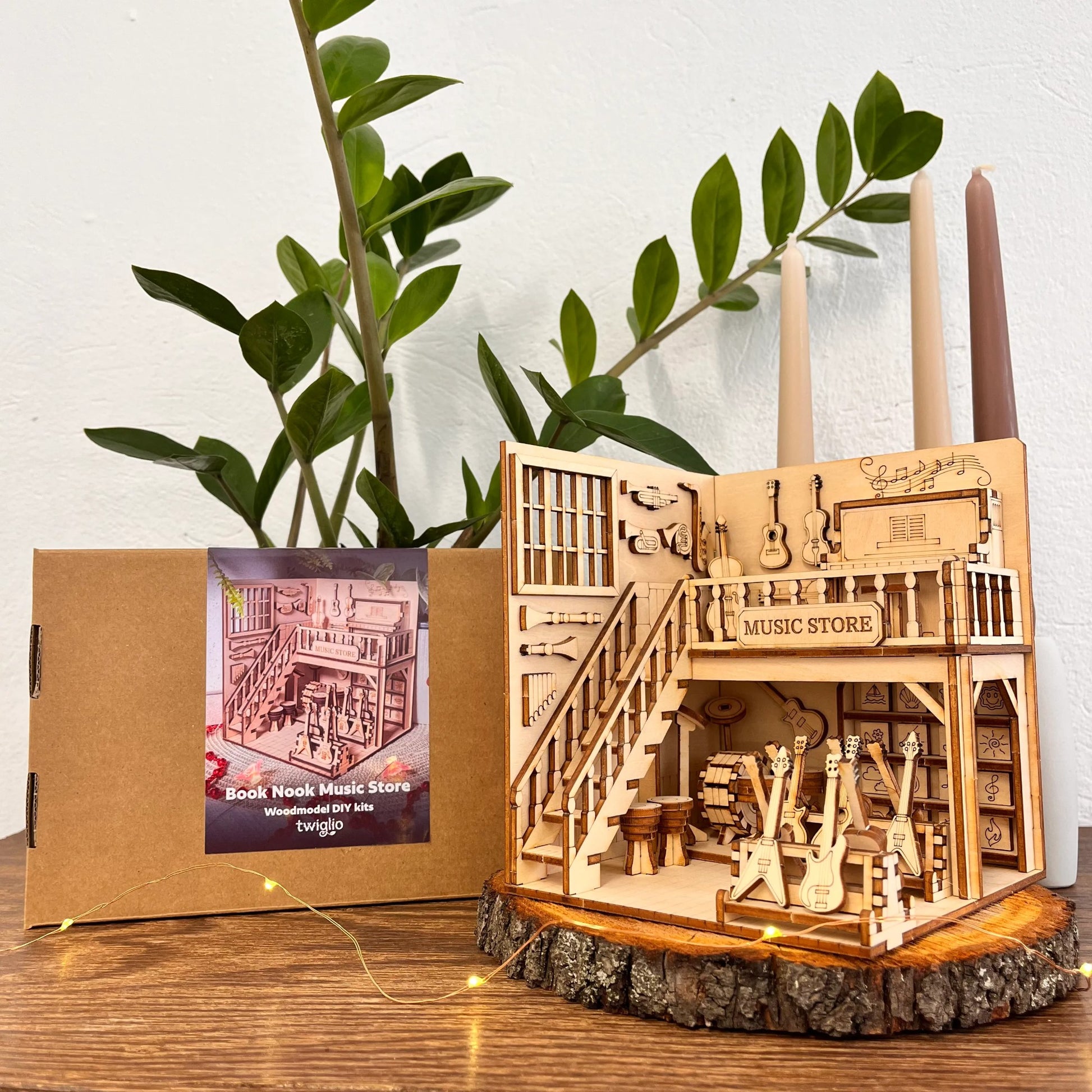 Wooden model of a music store with a cardboard box and plant in the background