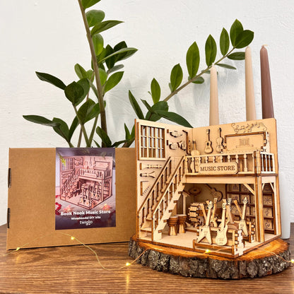 Wooden model of a music store with a cardboard box and plant in the background