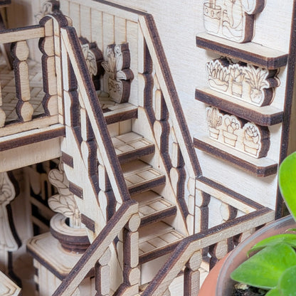 Wooden staircase model with detailed balusters and steps on a white background