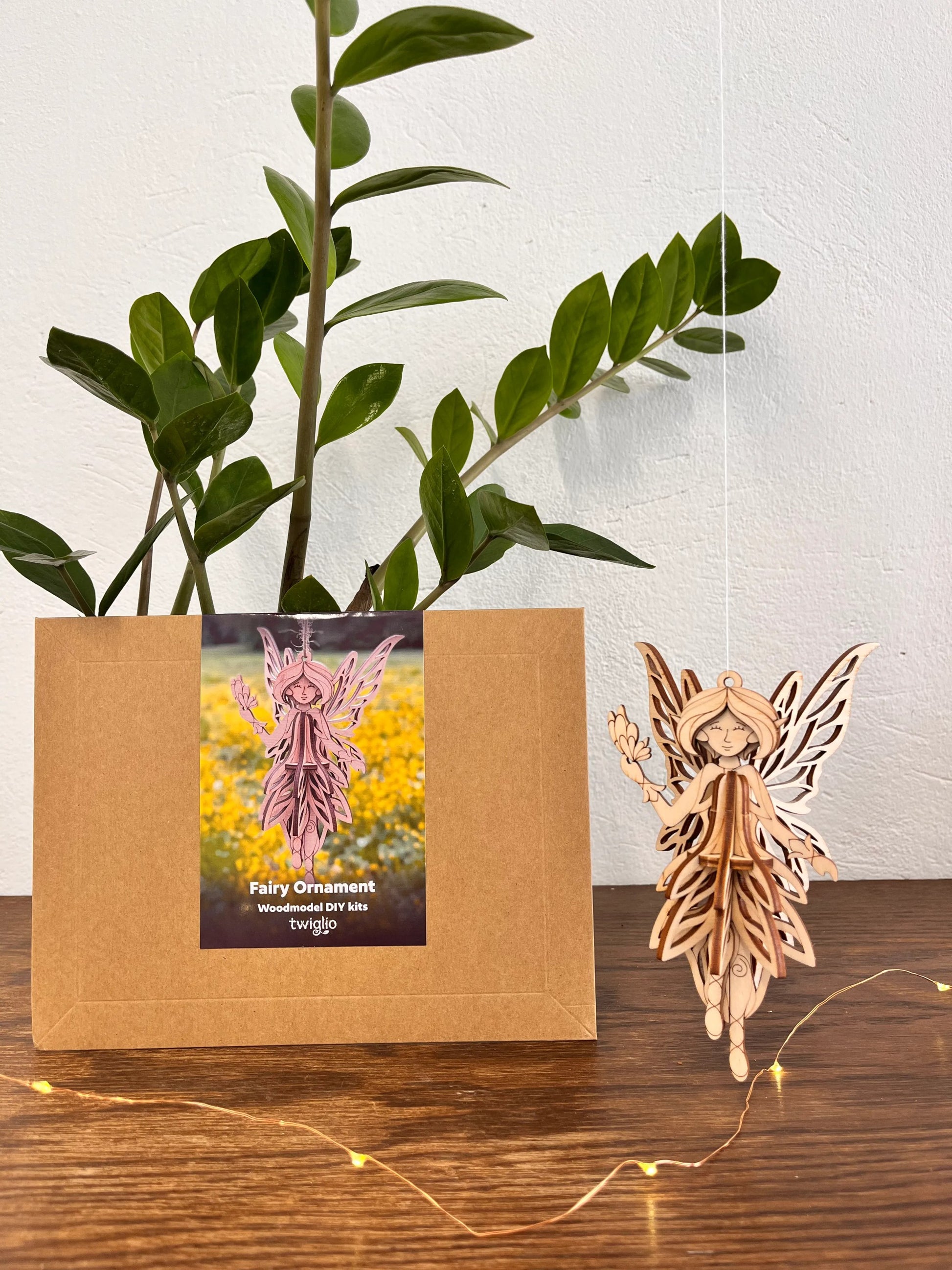 Wooden fairy ornament next to a plant on a wooden surface with a white background