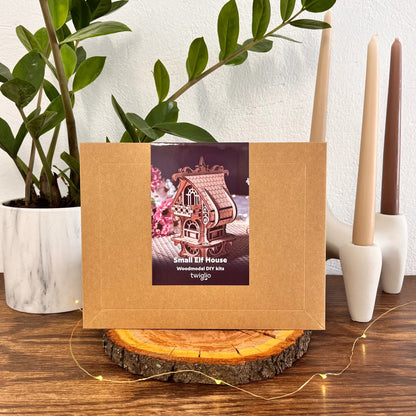 DIY kit packaging of garden house on a wooden surface with plants and candles in the background.