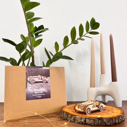 Wooden model car on a wooden stand with a plant and candle holder in the background.