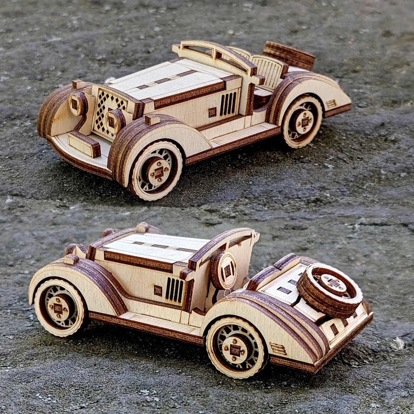Detailed 3D wooden model of a classic roadster with engraved headlights and retro wheel designs.