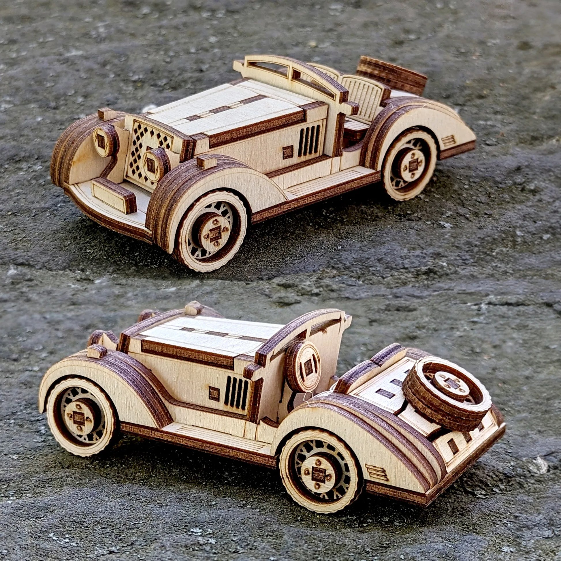 Detailed 3D wooden model of a classic roadster with engraved headlights and retro wheel designs.