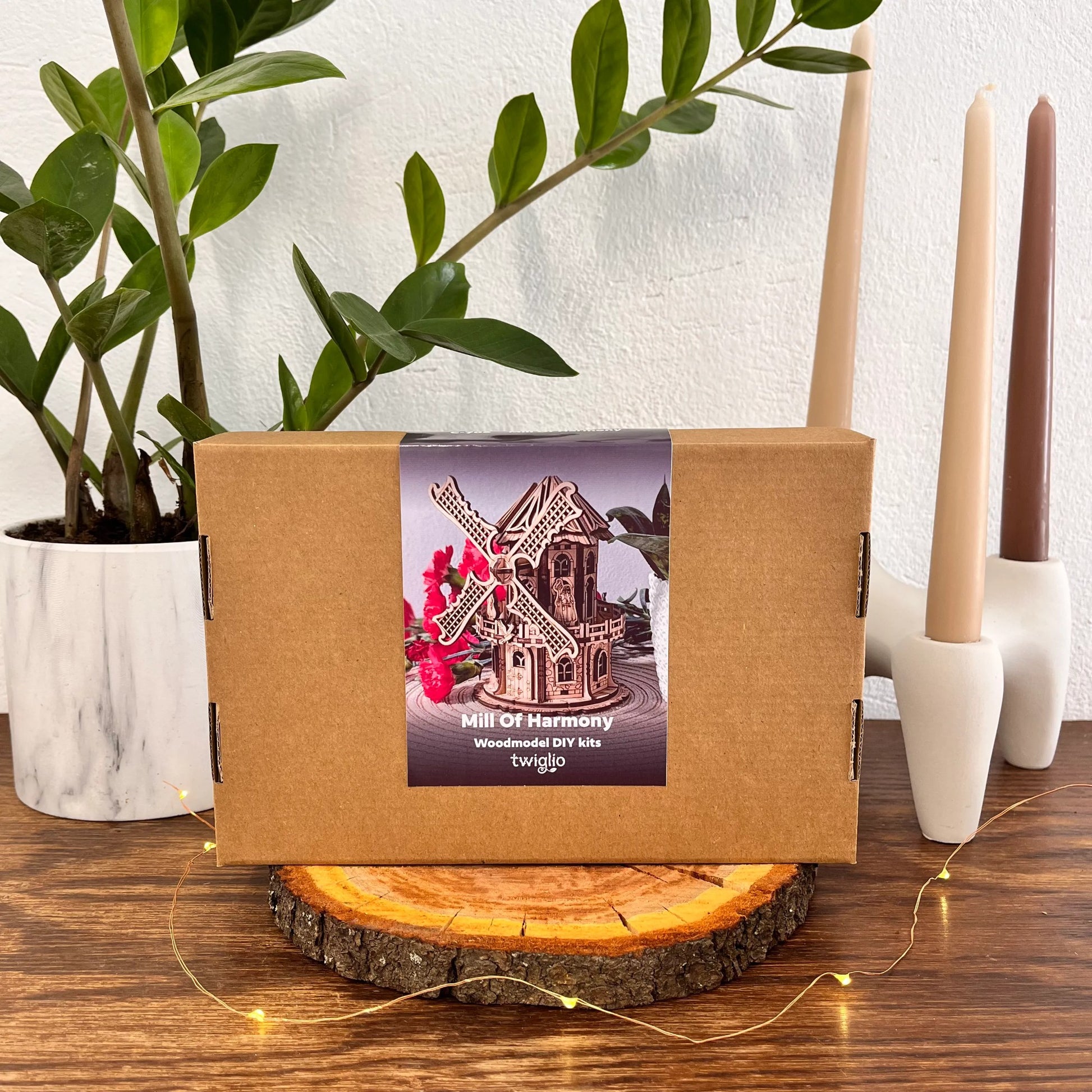 DIY kit packaging of mill on a wooden surface with plants and candles in the background.